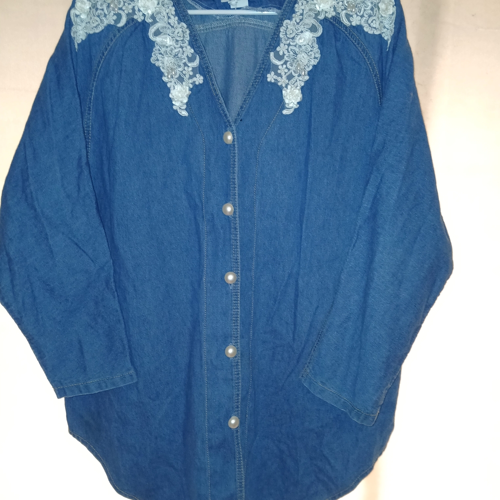 Blue Denim Button-Down Shirt with Lace Yoke